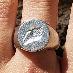 Può includere: Un anello con sigillo d'argento con un design a conchiglia. L'anello ha una faccia rotonda con un'immagine di conchiglia in rilievo. La fascia è liscia e lucida. L'anello è mostrato su un dito.