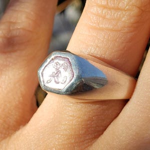 Peut inclure: Une bague chevalière en argent avec une face hexagonale. La face présente un motif en relief détaillé de couleur plus claire. La bague est portée au doigt, mettant en valeur son métal poli et ses motifs complexes. Le motif de la bague est centré sur la face.