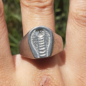 May include: A silver ring with a raised cobra design. The ring is worn on a person's finger.