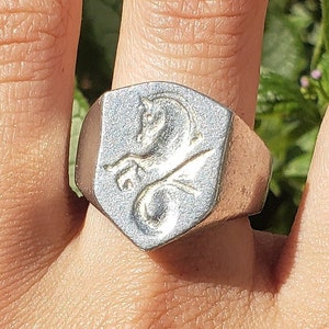 May include: A silver ring with a raised design of a seahorse on the top. The ring is worn on a person's finger.