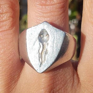 Puede incluir: Un anillo de plata con un diseño en forma de escudo que presenta una imagen estilizada de una medusa.