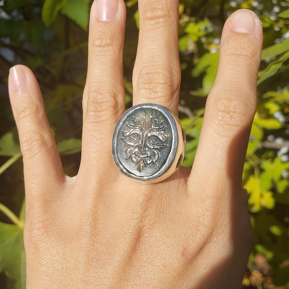 Green Man Moss Agate Intaglio and Peridot Signet Ring Etsy Australia