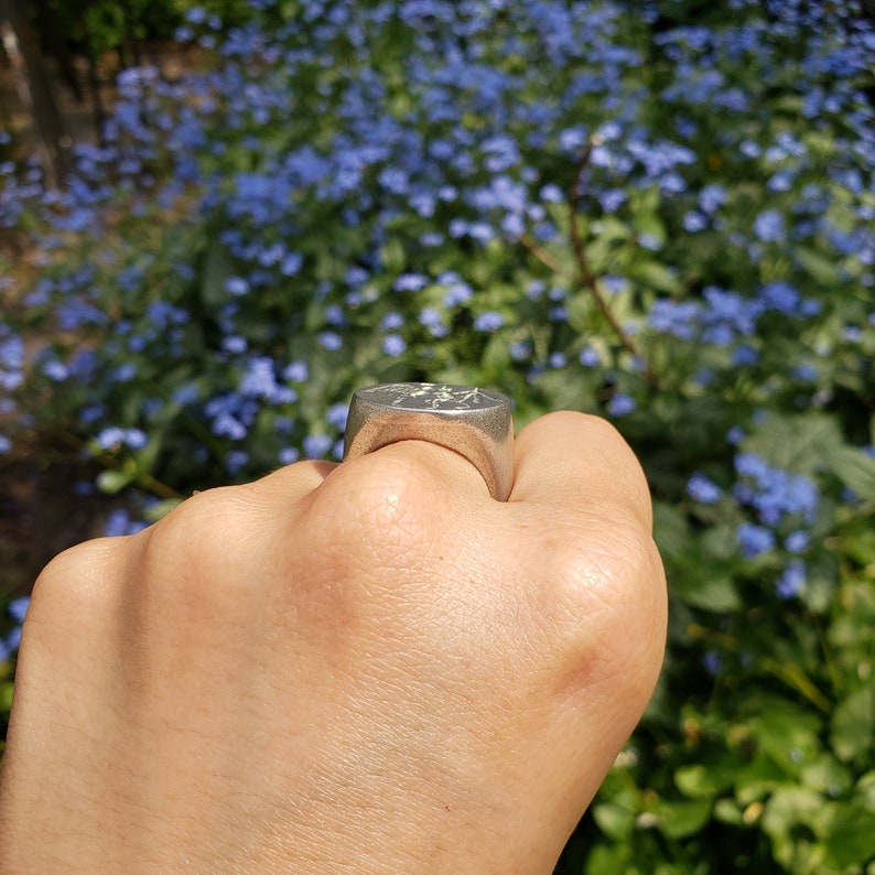 May include: A silver signet ring with an engraved design. The ring is worn on a person's finger.