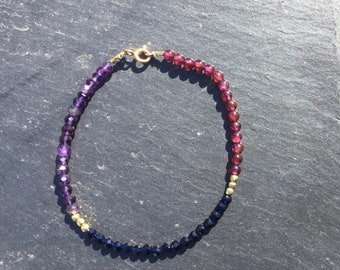 Garnet, amethyst and blue zircon bracelet, silver bracelet.