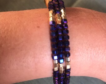 Hematite bracelet triple bracelet, purple bracelet, memory wire bracelet, energy bracelet, men bracelet, yoga bracelet,