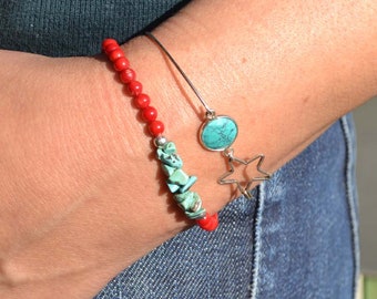 Red coral bracelet, turquoise bracelet, silver bracelet, coral red, stackable bracelet, original bracelet, gift for her.