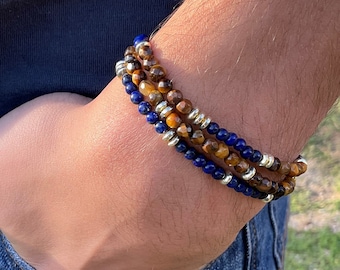 4mm Lapis Lazuli Tiger Eye Bracelet - Hematite Slice, Brown Tiger Eye / Tiger Eye Stone. Therapeutic. gift for man, gift for couple,