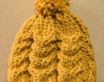 Slouchy Cabled Large Adult Mustard Yellow Winter Wool Hat, Hand Knit, Machine Washable