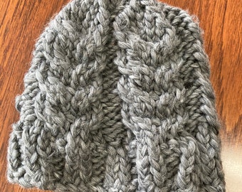 Slouchy Cabled Small Child’s Infant to Toddler Winter Wool Hat, Hand Knit, Machine Washable