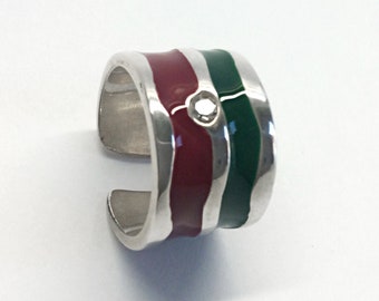 Italian flag ring |Green red adjustable enamel ring |White crystal stone ring |925 sterling silver green red ring |Green red zone ring