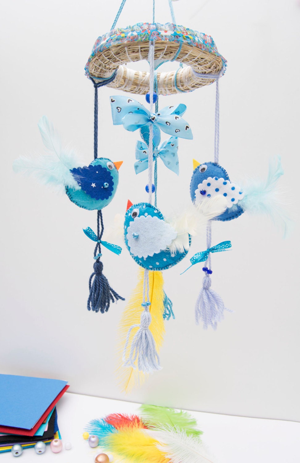 Baby mobiles Bird wall hanging nursery mobile Crib Blue Felt Etsy