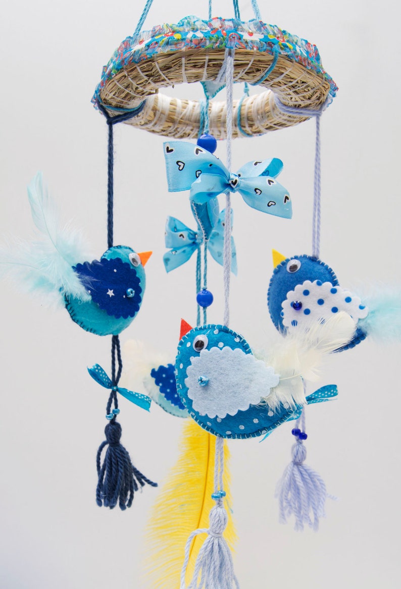 Baby mobiles Bird wall hanging nursery mobile Crib Blue Felt Etsy