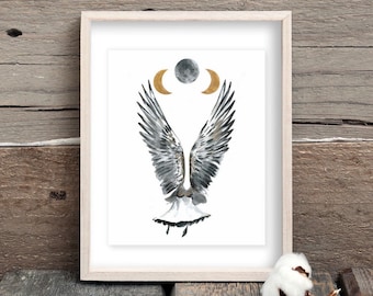 8x10 Moon Phase Bird Painting - Seagull Gouache Watercolor Painting - Triple Goddess Wings Art Print