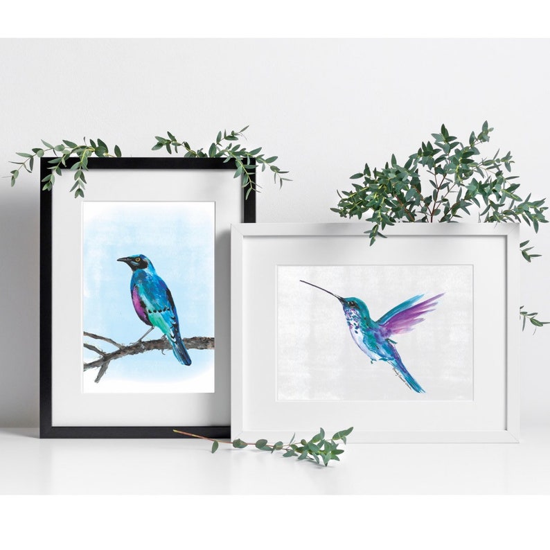 10x8 Colorful Hummingbird Gouache Watercolor Bird Painting Art Print image 3