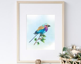 8x10 Lilac Crested Roller Gouache Watercolor Bird Painting - Art Print