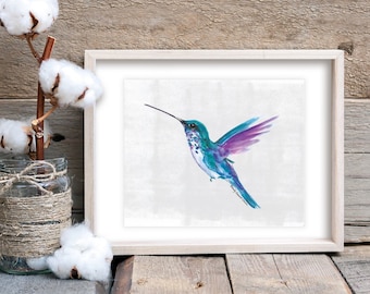 10x8 Colorful Hummingbird Gouache Watercolor Bird Painting - Art Print