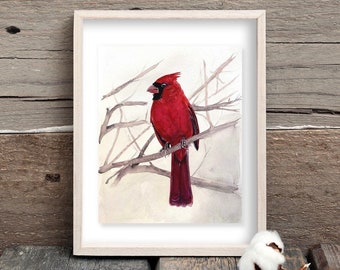 8x10 Cardinal Gouache Watercolor Bird Painting - Art Print