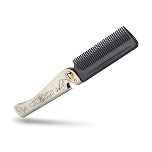 May include: A silver folding comb with a black comb on one end and a bottle opener on the other end. The comb has the words "The Original" engraved on it.