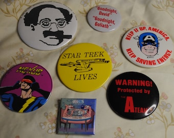 TV Comic Button Pins: Captain America, Star Trek, Catdog, Nexus, A-Team, Marx Brothers