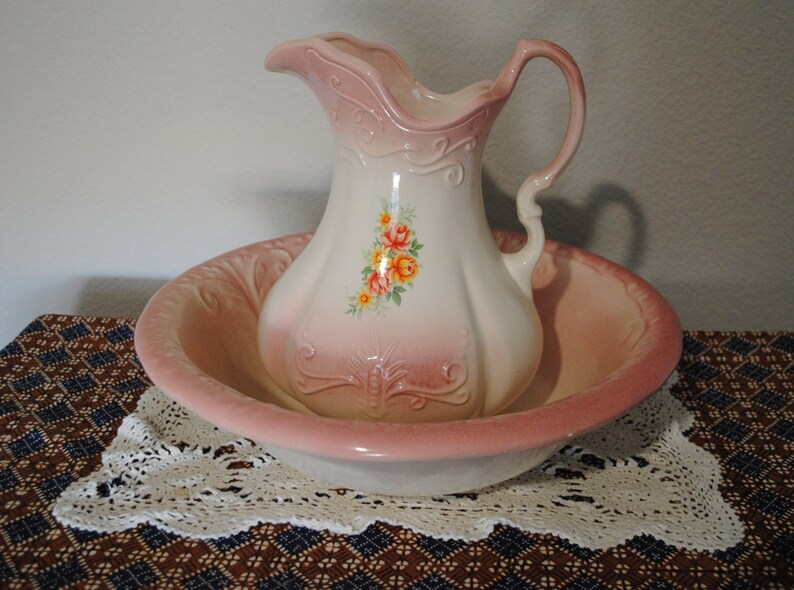 Ceramic Pitcher and Bowl Set pink With Flowers Etsy