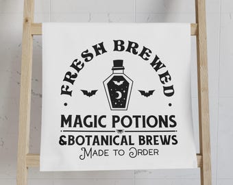 Fresh Brewed Magic Potions Hand Towel: Whimsical Kitchen Towel, Halloween Decor, Gifts for Witches Wizards, Spooky Home Accent, Unique Gift.