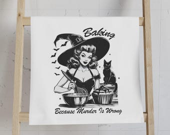 Baking Because Murder is Wrong Hand Towel: Vintage Witch Kitchen Decor, Funny Baker Gift, Retro Spooky Home Accessory, Gothic.