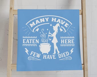 Many Have Eaten Here Few Have Died Hand Towel: Whimsical Kitchen Decor, Funny Cooking Gift, Housewarming, Halloween Chef, Spooky Home.