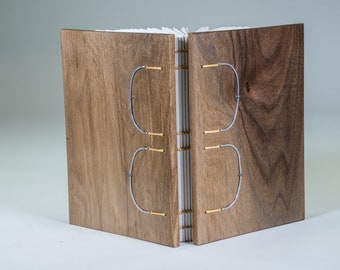 Walnut Cover Book with Sewn-on-Cords Binding and Hand-Hammered Metal Hardware | 0218