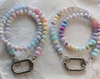Pastel Peruvian Opal Gemstone Rondelle Necklace with large silver coloured Carabina Clasp