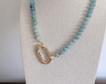 Amazonite Rondelle Necklace Knotted on to Aquamarine Cotton Thread with a Large, removable Filled Gold Carabina Clasp