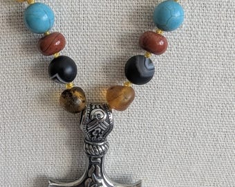 Hand-knotted Necklace  Semi-Precious stones with Stainless Steel Thor's Hammer Pendant