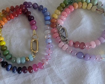 Rainbow and Pastel Rainbow Opal Rondelles Knotted Necklaces with Carabina Closure 18inch