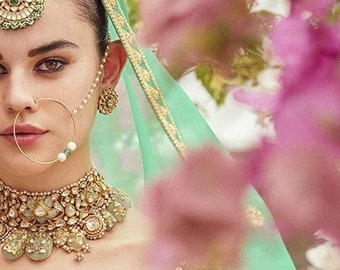 Anillo de la nariz indio, nath, joyería pakistaní diseñador joyería Bollywood Adaa joyas nariz pin hoop nathni bridal sabyasachi perla esmeralda