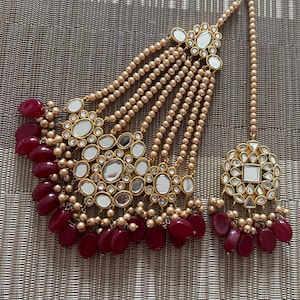 Indian jhumar Hyderabadi jewelry ruby  pearl stones tikka passa Pakistani designer jewellery Adaa Jewels Nizam gold plated head jewellery