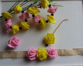Indian mehndi Jewelry flower gota jewellery Pakistani bridal Jewels hoop earrings tika  tikka multi colour yellow flowers necklace