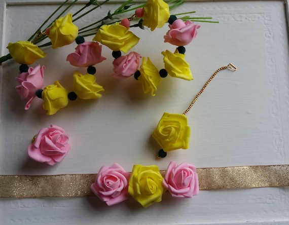 Indian mehndi Jewelry flower gota jewellery Pakistani bridal Jewels hoop earrings tika  tikka multi colour yellow flowers necklace
