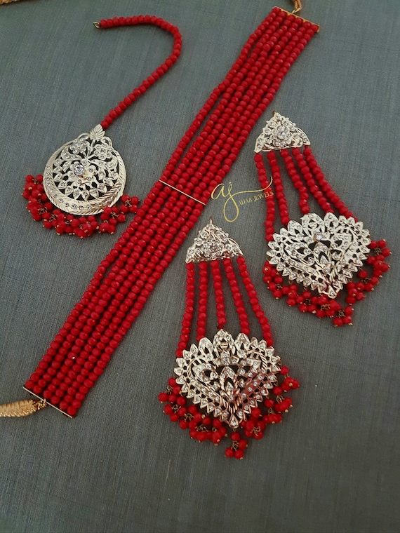 Indian jewelry Hyderabadi choker earrings tika gold Pakistani designer jewellery Adaa Jewels Nizam semi precious gold plated