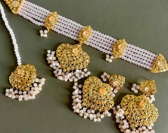 Indian Jewelry  bridal choker earrings black gold  tika jhumar set Pakistani designer  sabyasachi Jewelry