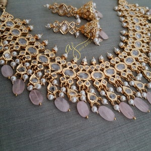 Hyderabadi jewelry set earrings necklace pink rose quarts gold pearls Pakistani designer indian jewellery wedding bridal jadau adaa jewels