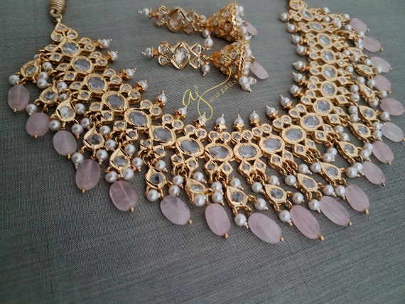 Hyderabadi Jewelry Set Earrings Necklace Pink Rose Quarts Gold