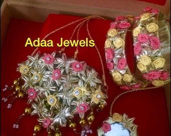 Indian flower Jewelry gota jewellery Pakistani mehndi bridal Jewels jhumar bangles tika colour yellow flowers adaa jewels personalised jewel