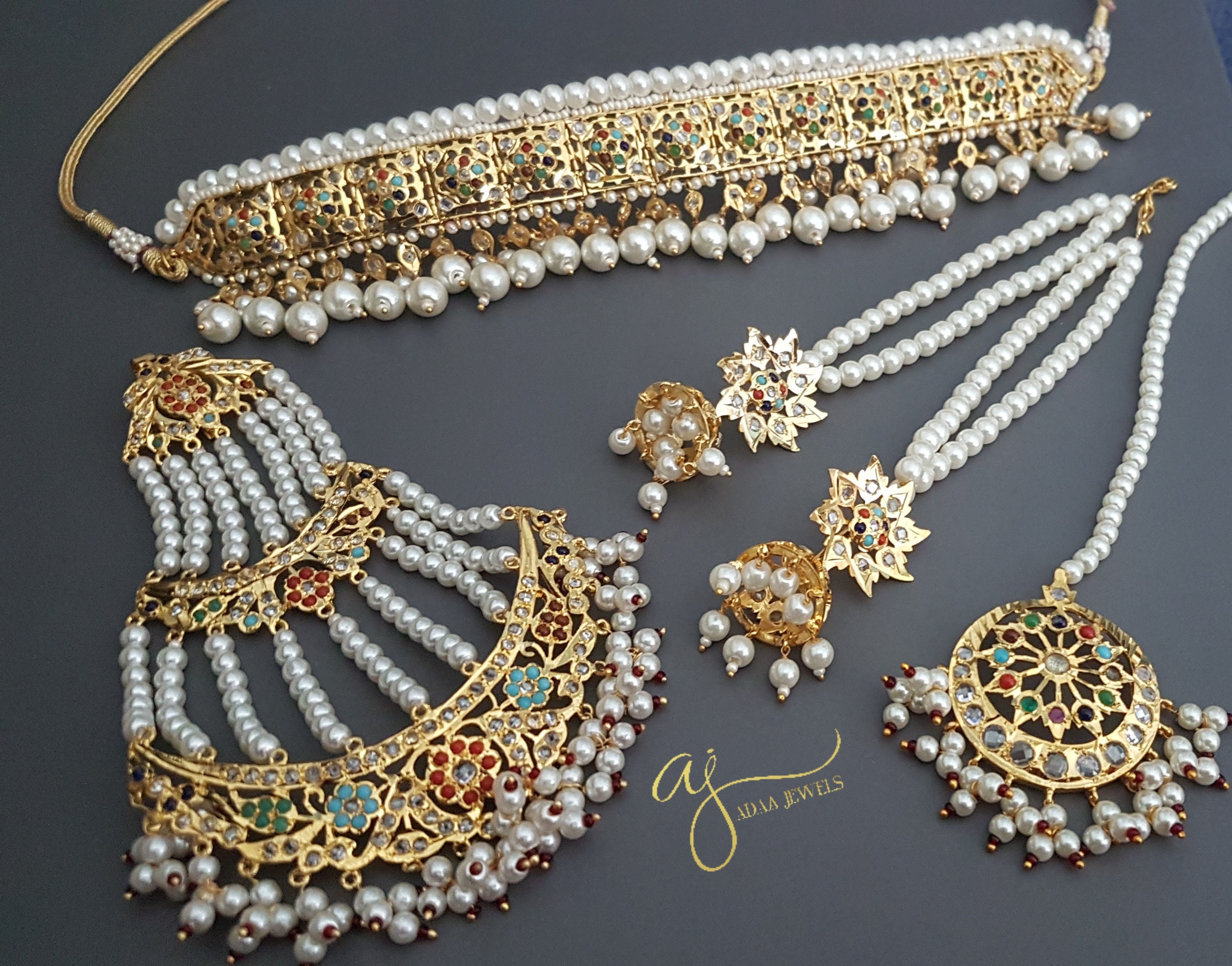 Indian Jewelry Hyderabadi Jadavi Lacha Choker Set Gold Emerald