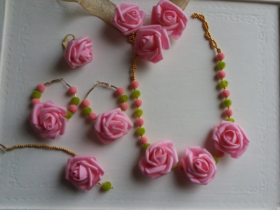 Indian mehndi Jewelry flower gota jewellery Pakistani bridal Jewels hoop earrings tika  tikka multi colour yellow flowers necklace