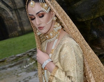 Indian Hyderabadi Jewelry set pearls rani haar jhumka tikka jhumar choker Pakistani designer jewellery necklace gold plated bridal set