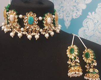 Kundan choker set Multi Colour gold plated bridal set emerald necklace Indian choker wedding jewellery meenakari necklace designer, KS11