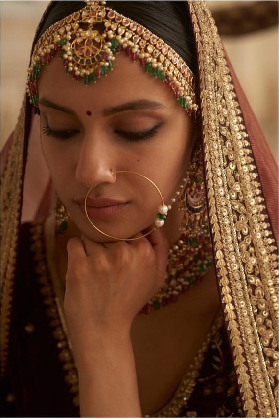 Indian Nose Ring Nath Studs Hoops Emerald Gold Plated Sabyasachi