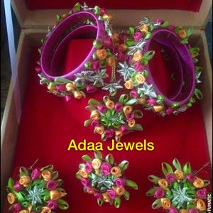 Indian mehndi Jewelry flower gota jewellery Pakistani bridal Jewels hoop earrings tika  tikka multi colour yellow flowers necklace