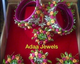 Indian mehndi Jewelry flower gota jewellery Pakistani bridal Jewels hoop earrings tika  tikka multi colour yellow flowers necklace