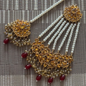 Indian jhumar Hyderabadi jewelry ruby  pearl stones tikka passa Pakistani designer jewellery Adaa Jewels Nizam gold plated head jewellery