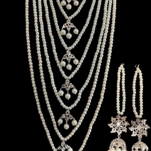 Hyderabadi jewelry, Hyderabadi jewellery, Hyderabadi Satlara, satlada, silver plated, Hyderabadi earrings, jadau jewelry, pearls, Adaa